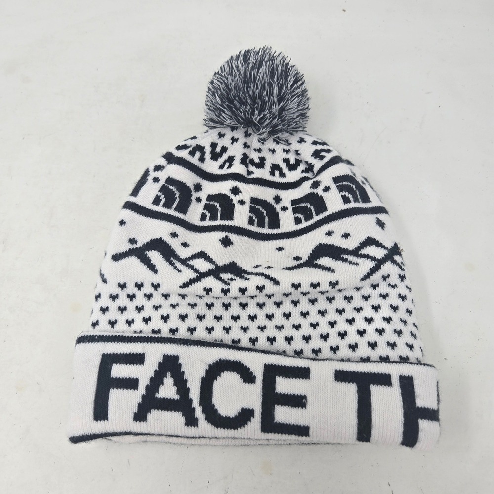 The North Face Pom Beanie Hat White Black Mountain Fair Isle Knit Logo One Size